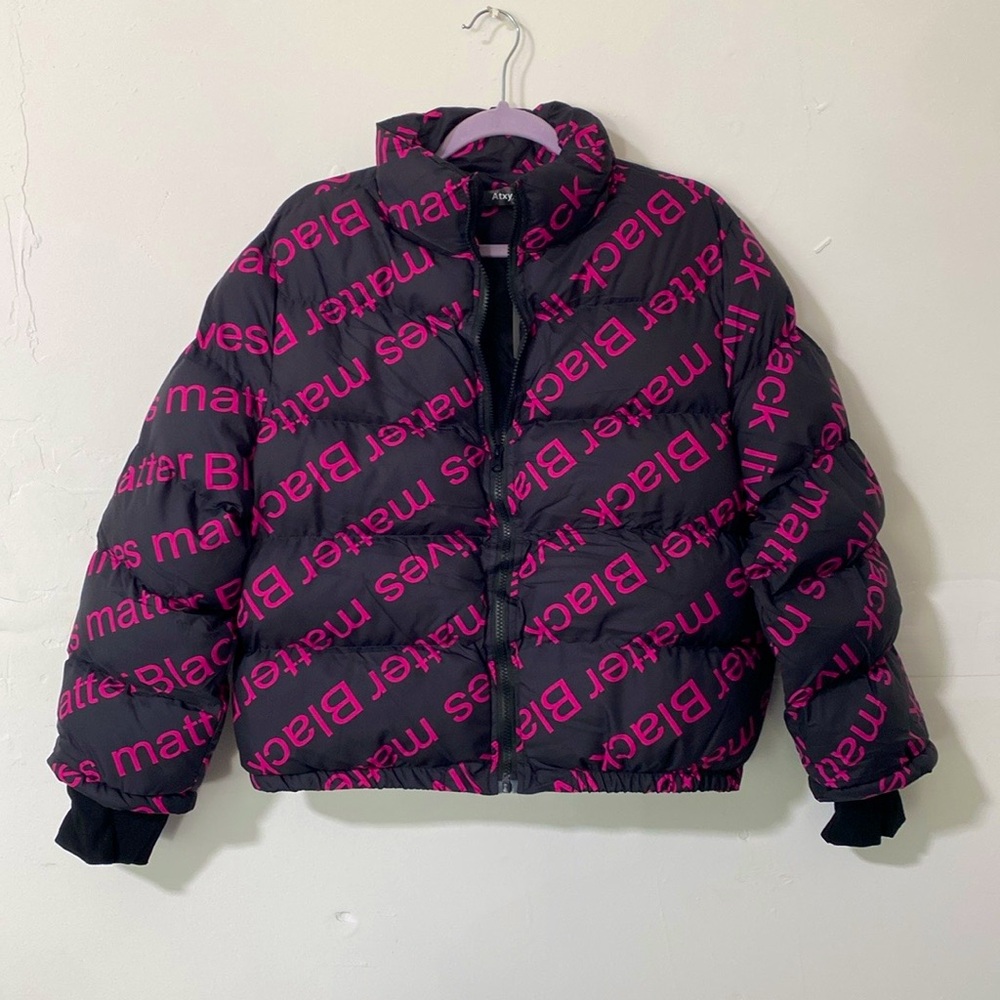 Black Lives Matter Puffer Winter Short Pink & Black Jacket Letter Print, Zipper